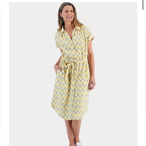 Style & Co yellow floral collared belt dress - Picture 1 of 7